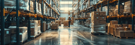 A group of workers moves pallets and boxes around in a bustling warehouse filled with shelves of various products and goods.の素材