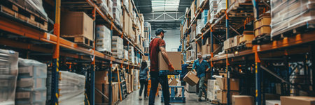 Several workers are actively moving boxes and pallets through a busy warehouse stocked with various products on shelves.の素材