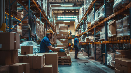 Warehouse workers are actively transporting boxes and pallets in a well-organized storage facility loaded with products.の素材