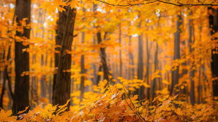 The forest glows with golden autumn hues as trees showcase bright fall leaves, creating a peaceful atmosphere in nature.の素材