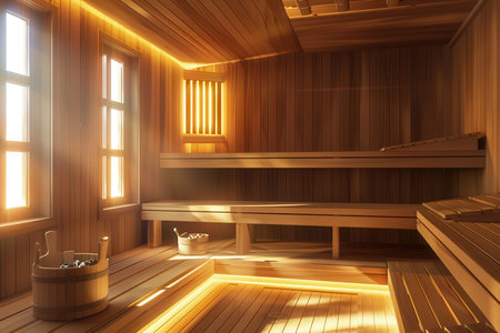 The traditional wooden sauna features benches and a steam area, illuminated by warm sunlight streaming through the windows.の素材