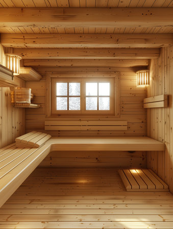 Warm wooden walls and benches invite relaxation in this traditional sauna, where natural light enhances the soothing atmosphere.の素材