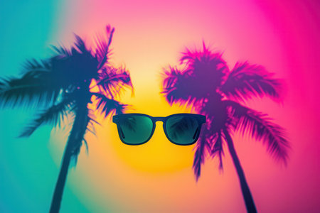 A silhouette of sunglasses is prominently displayed against a colorful sunset backdrop with palm trees, evoking a tropical atmosphere.の素材
