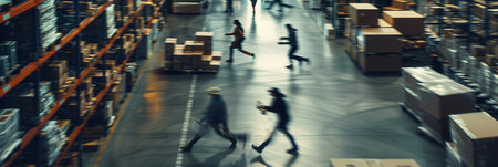 Several workers are actively moving boxes and pallets through a bustling warehouse filled with stocked shelves of goods.の素材