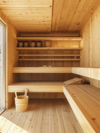 A traditional wooden sauna interior natural features wood finishes, benches for relaxation, and shelves filled with sauna essentials.の素材