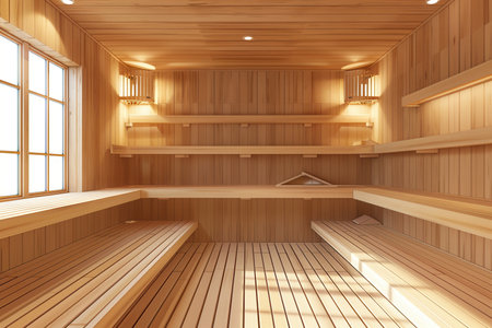 The traditional wooden sauna boasts benches made of natural wood, with warm sunlight illuminating the tranquil space.の素材