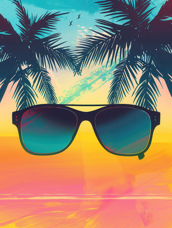 A silhouette of sunglasses stands out against a colorful beach sunset, framed by palm trees and a peaceful atmosphere of summer.の素材