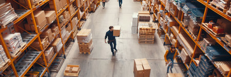 Workers are actively transporting boxes and pallets in a large warehouse stocked with various goods on shelves.の素材