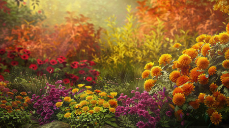 In the heart of autumn, a lush garden bursts with bright chrysanthemums and dahlias, complemented by warm golden leaves and gentle sunlight.の素材