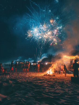 Colorful lights illuminate a lively beach party where guests dance around a bonfire while fireworks light up the sky.の素材