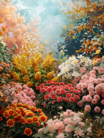 This garden showcases a stunning array of blooming chrysanthemums, dahlias, and other autumn flowers in rich, vibrant colors.の素材