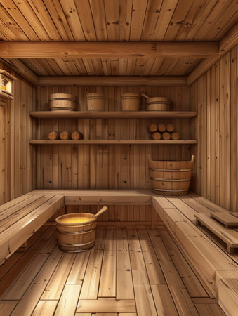 Inside a cozy wooden sauna, natural timber surrounds benches and shelves filled with wooden buckets and logs, inviting warmth and tranquility.の素材