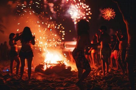 A lively beach party features people dancing around a crackling bonfire under a colorful display of fireworks lighting up the night.の素材
