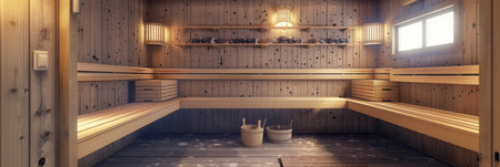 The warm, inviting interior of a traditional wooden sauna features wooden benches, soft lighting, and a calming atmosphere for relaxation.の素材