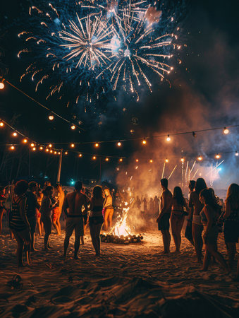 Bright lights illuminate a lively beach party where friends dance around a bonfire, celebrating under a sky of dazzling fireworks.の素材