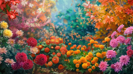 The garden displays a stunning array of blooming chrysanthemums, dahlias, and other autumn flowers in full color under the sunlight.の素材