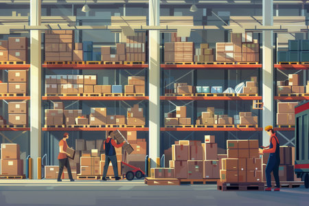 Team members are transporting boxes and pallets in a bustling warehouse aisle filled with stacked goods on shelves.の素材