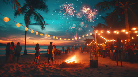 Groups of people dance around a glowing bonfire as fireworks explode above, creating a festive atmosphere on the beach.の素材