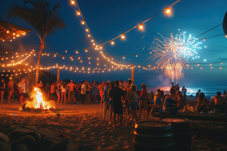 People gather around a bonfire on the beach, dancing joyfully as colorful fireworks explode above them, creating a festive atmosphere.の素材
