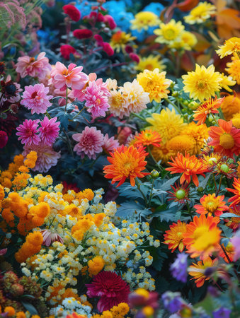 This garden showcases an array of blooming chrysanthemums, dahlias, and other autumn flowers in brilliant colors.の素材