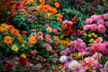 Explore a stunning autumn garden filled with blooming chrysanthemums, dahlias, and a variety of colorful flowers creating a lively atmosphere.の素材