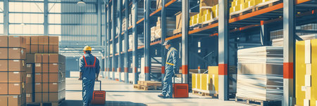 Workers are transporting boxes and pallets in a warehouse lined with shelves stocked with diverse and materials.の素材