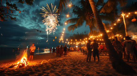People are enjoying a lively beach party with a bonfire, dancing under twinkling lights, and fireworks dazzling above in the night sky.の素材