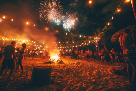 People are celebrating at a lively beach party, dancing around a bonfire while fireworks illuminate the night sky above them.の素材