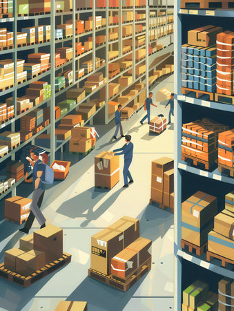 Workers are diligently moving boxes and pallets throughout a well-organized warehouse filled with shelves of various goods.の素材