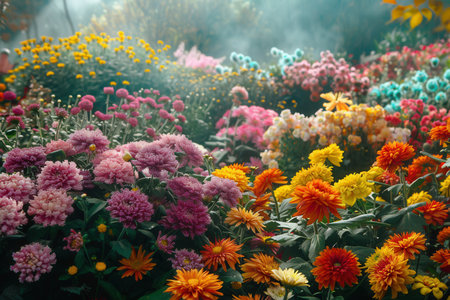 In a beautiful garden, colorful chrysanthemums and dahlias bloom alongside other autumn flowers, creating a stunning view under warm sunlight.の素材