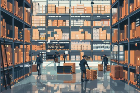 Warehouse workers are actively transporting boxes and pallets while navigating through aisles lined with stocked shelves.の素材