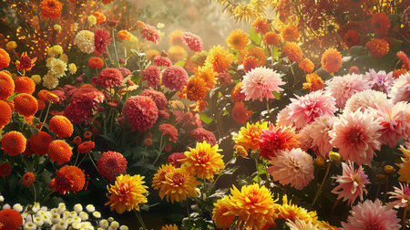 A vibrant garden bursts with the colors of blooming chrysanthemums and dahlias, creating a stunning autumn display under gentle sunlight.の素材