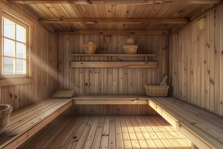 A traditional wooden sauna features benches and wooden accents, illuminated by natural light, promoting relaxation and calmness.の素材
