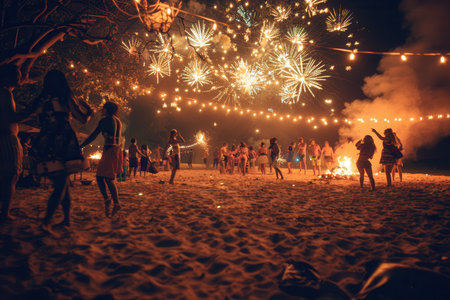 People enjoy a lively beach party, dancing around a bonfire as colorful fireworks explode overhead, creating a festive atmosphere.の素材