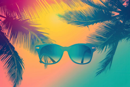 Bright silhouettes of sunglasses take center stage against a vibrant beach sunset, framed by palm trees for a tropical feel.の素材