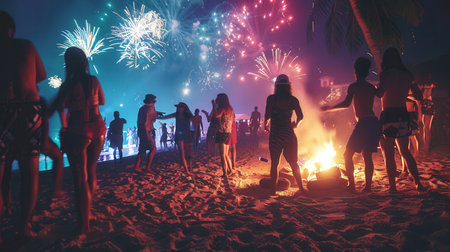 People gather at the beach for a lively party with dancing, a bonfire, and fireworks creating a vibrant atmosphere under the stars.の素材