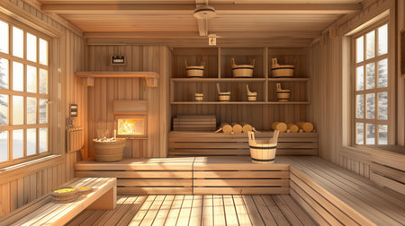 The warm interior features wooden benches and shelves filled with sauna accessories, creating a serene atmosphere for relaxation.の素材