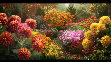Blooming chrysanthemums and dahlias create a lush, vibrant garden where autumn's beauty shines in every flower under gentle sunlight.の素材