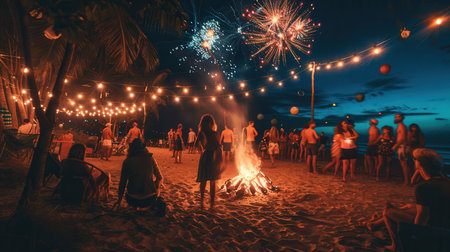 Friends gather on the beach to dance around a warm bonfire while vibrant fireworks erupt in the night sky above them.の素材
