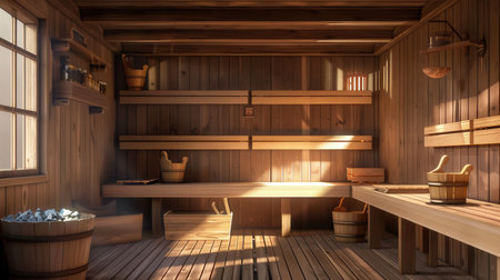 The inviting interior of a traditional wooden sauna features wooden benches, buckets, and stones, creating a cozy and calming atmosphere.の素材
