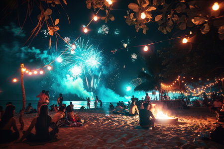 People gather at a lively beach party, dancing near a bonfire while colorful fireworks light up the night sky above the ocean.の素材