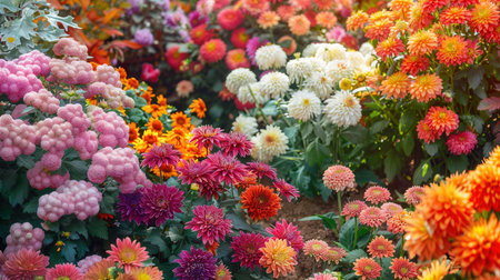 Blooming chrysanthemums and dahlias dominate this autumn garden, creating a stunning landscape of vibrant colors and textures.の素材