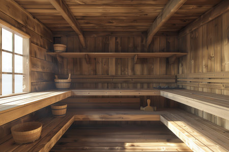 Relax in a warm and inviting traditional wooden sauna, featuring natural light and rustic design elements for a soothing atmosphere.の素材