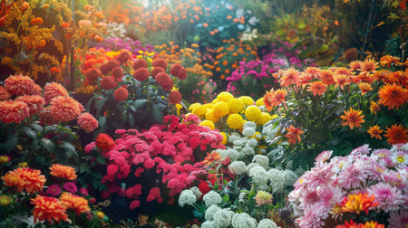 This lush garden showcases a colorful array of blooming chrysanthemums, dahlias, and other autumn flowers, creating a lively atmosphere.の素材