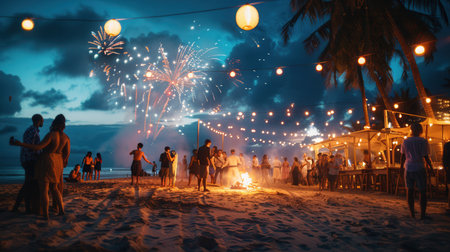 Friends gather on the beach near a bonfire, dancing joyfully as vibrant fireworks illuminate the night sky overhead.の素材