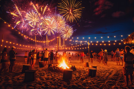 People gather at a lively beach party, dancing by a bonfire as brilliant fireworks explode overhead, creating a festive atmosphere.の素材