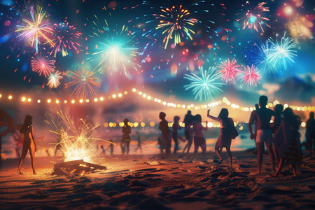 People are enjoying a vibrant beach party with friends dancing around a bonfire, surrounded by sparkling fireworks above.の素材