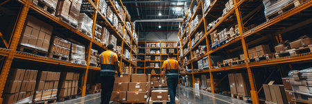 Two workers are efficiently moving boxes and pallets in a spacious warehouse lined with shelves stacked with products.の素材