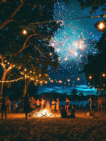People dance joyfully around a bonfire at a lively beach party, as colorful fireworks light up the night sky above them.の素材