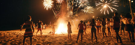 Friends gather to dance around a lively bonfire at the beach, celebrating as fireworks burst brightly overhead in the night sky.の素材